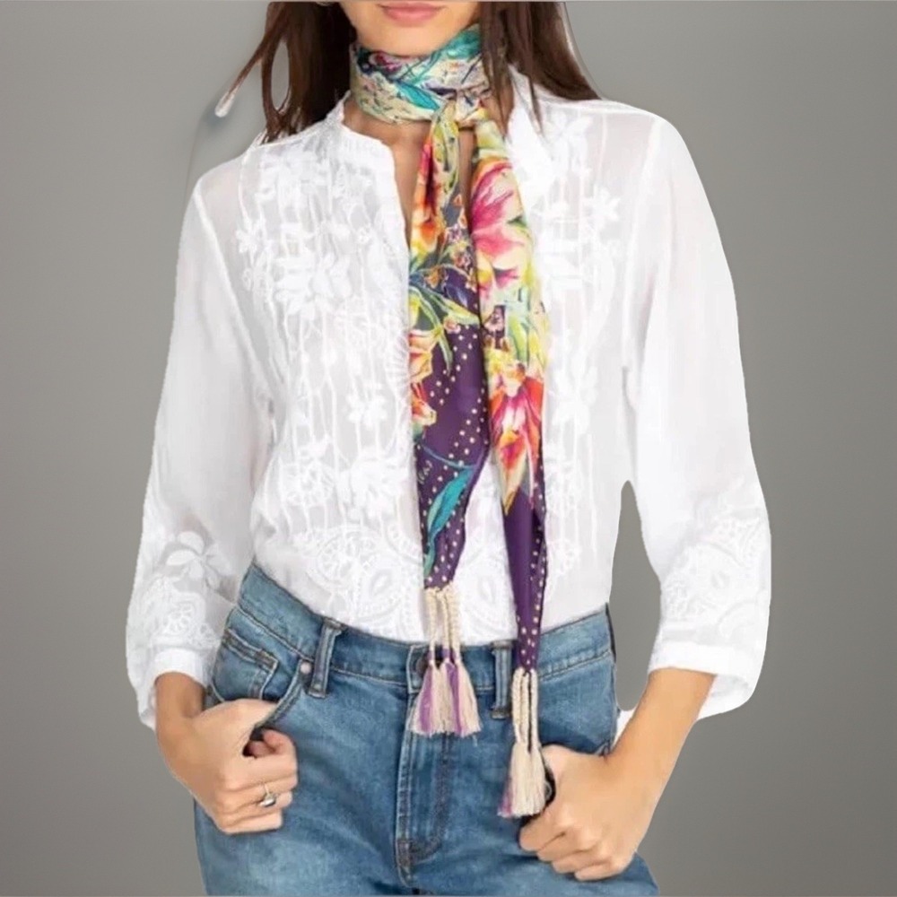 Johnny‎ Was Silk Floral Print Scarf Tasseled Colorful Artsy Boho Square Women's